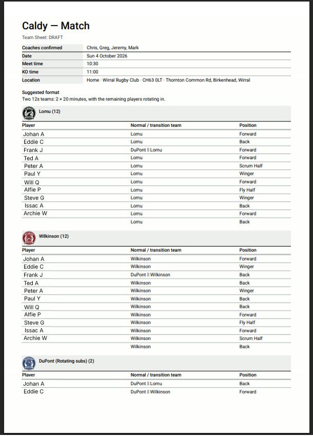 Printable match day handout with teams and player positions