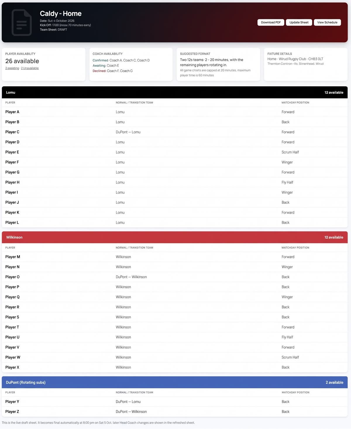 Match day planner with availability and team assignments